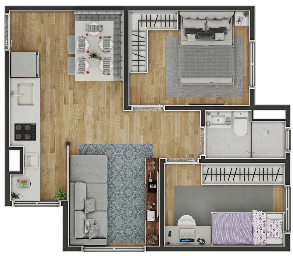 Planta Tipo 1 — 40,79 m², 2 dormitórios